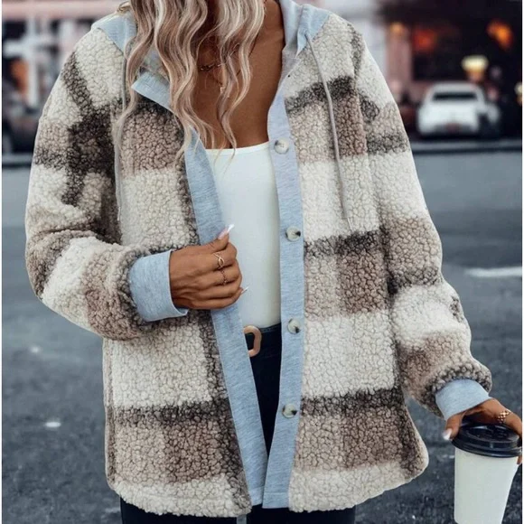 New plaid print hooded Teddy jacket - Picture 7 of 7